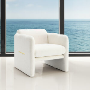Fauteuil avec accoudoirs ondulés, décorations métalliques des deux côtés des accoudoirs, en tissu Teddy, blanc