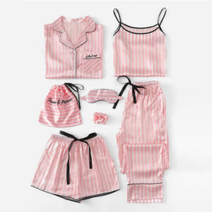 Ensemble Pyjamas 7 pièces rose rayé noir lettre brodée pour femmes décontracté à manches longues vêtements de détente
