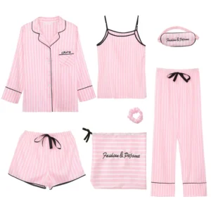Ensemble pyjama femme 7 pièce en satin doux, allie confort et élégance. Vêtements de nuit pour printemps été automne Homewear.